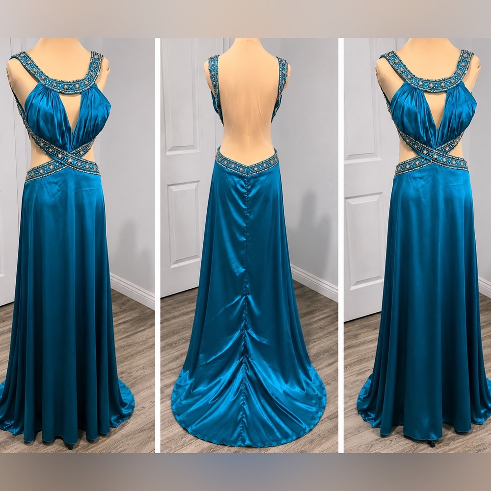 Y2K Satin Beaded CutOut Backless Maxi Pageant Prom Evening Vintage Dress Medium